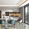 Elegant Modern Dining Room Interior With Dining Table Teal Chairs And Pendant Lights 3d model