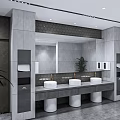 Modern Public Restroom Interior With Gray Tiled Walls White Washbasins Large Mirror And Green Plant