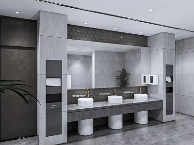 Modern Public Restroom Interior With Gray Tiled Walls White Washbasins Large Mirror And Green Plant 3d model
