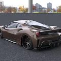 Brown High Performance Sports Car Featuring White Stripes And Streamlined Design Near Modern Building