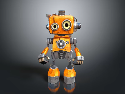 Orange Robot Figure With Large Round Eyes Metallic Body And Mechanical Arms 3d model
