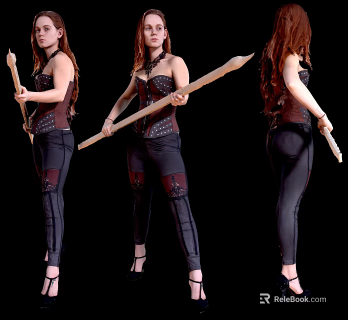 Woman holding a spear in three different angles wearing corset black pants and high heels 3d model 
