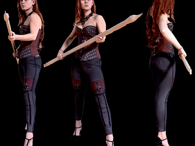 Woman holding a spear in three different angles wearing corset black pants and high heels 3d model