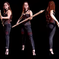 Woman holding a spear in three different angles wearing corset black pants and high heels