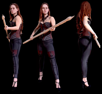 Woman holding a spear in three different angles wearing corset black pants and high heels 3d model