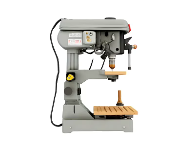 Industrial Drill Press With Gray Metal Frame Wooden Worktable And Electric Motor 3d model