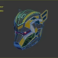 Futuristic Robotic Helmet With Gray Yellow Blue Geometric Design And Sleek Metallic Surface