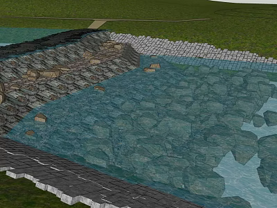 Garden Landscape With Clear Water Stone Bank Green Grass And Stone Path 3d model