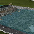 Garden Landscape With Clear Water Stone Bank Green Grass And Stone Path