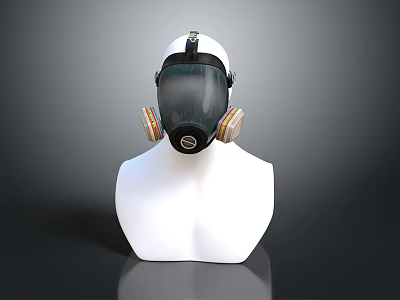 Professional Firefighting Gas Mask On White Mannequin With Transparent Face Shield And Yellow Filters 3d model