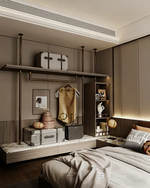 Modern Wardrobe Design With Metal Frame Hanging Area Storage Boxes and Decorative Items 3d model 