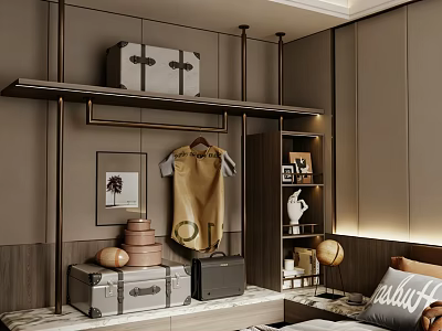 Modern Wardrobe Design With Metal Frame Hanging Area Storage Boxes and Decorative Items 3d model