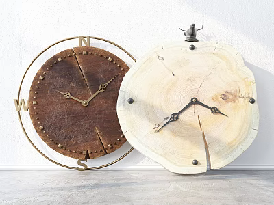 Rustic Wooden Clocks With Metal Frame Directional Marks And Cracked Log Slice Design 3d model
