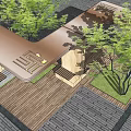 Modern Pergola Structure With Metal Roof Geometric Cutouts Wooden Pillars Surrounded By Trees