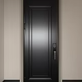 Black Security Door With Vertical Lines Design And Electronic Keypad Lock Against Light Colored Wall