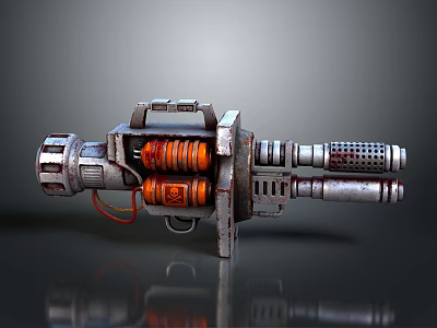 Sci Fi Weapon Device 3D Render With Metallic Frame Orange Coils Handle Grip And Pipes 3d model
