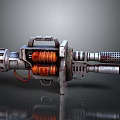 Sci Fi Weapon Device 3D Render With Metallic Frame Orange Coils Handle Grip And Pipes