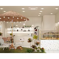 Cozy Dessert Cafe Interior With Modern Seating Green Plants And Service Counter