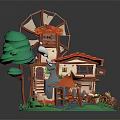 Colorful Cartoon Scene With Windmill House Tree Horses Hay Green Grass And Red Roof