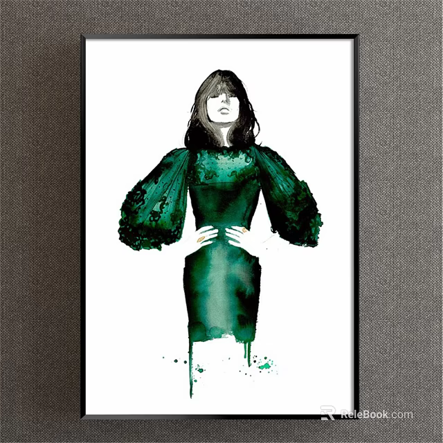 Portrait Painting of Woman in Green Dress with Puffy Sleeves and White Background 3d model 