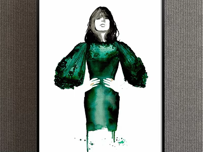 Portrait Painting of Woman in Green Dress with Puffy Sleeves and White Background 3d model