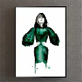 Portrait Painting of Woman in Green Dress with Puffy Sleeves and White Background