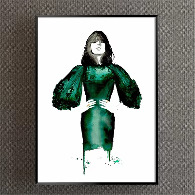 Portrait Painting of Woman in Green Dress with Puffy Sleeves and White Background 3d model
