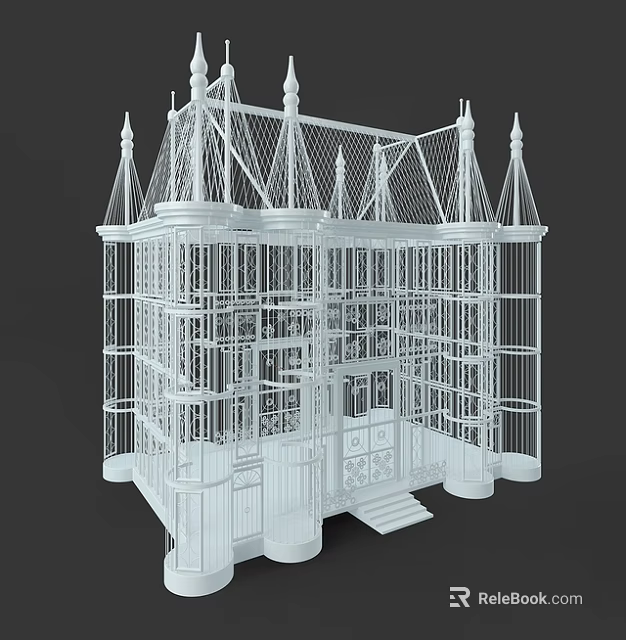White Ornate Birdcage Decorative Model With Intricate Mesh Structure And Spires 3d model 