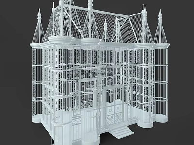 White Ornate Birdcage Decorative Model With Intricate Mesh Structure And Spires 3d model