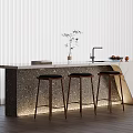 Modern Kitchen Island With Marble Countertop Wooden Stools Green Plant Faucet And Fruits