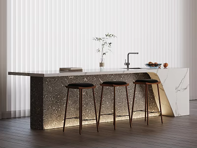 Modern Kitchen Island With Marble Countertop Wooden Stools Green Plant Faucet And Fruits 3d model