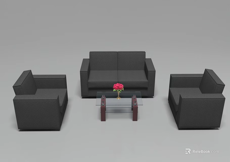 Modern Black Sofa And Glass Coffee Table Set With Red Flower Accent 3d model