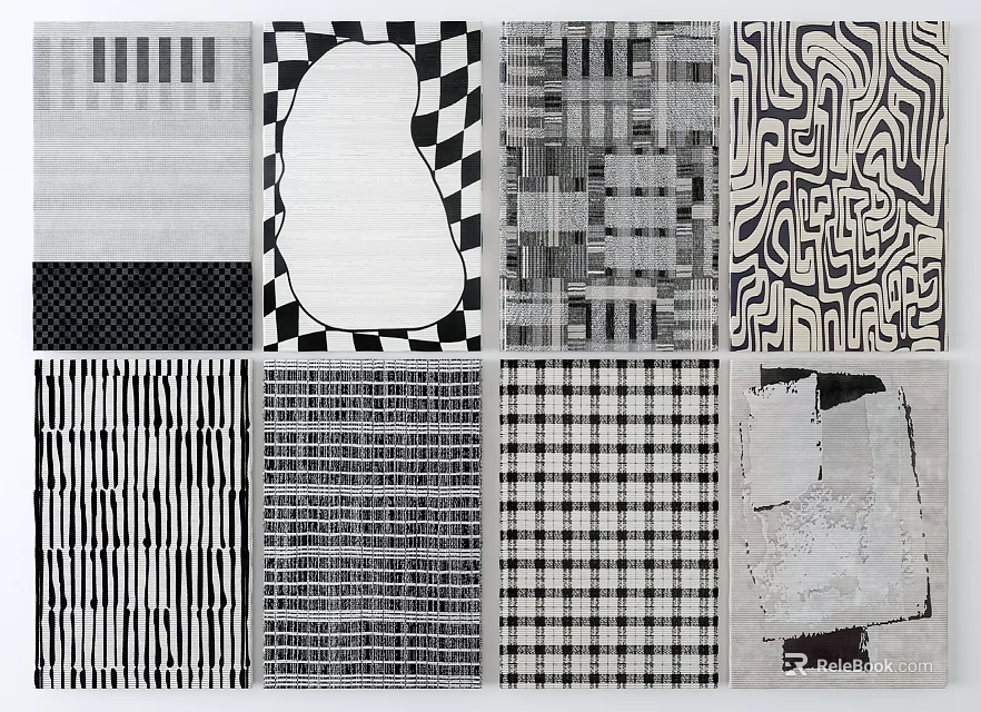 Black and White Square Rugs with Geometric Striped Checkered Abstract Patterns 3d model