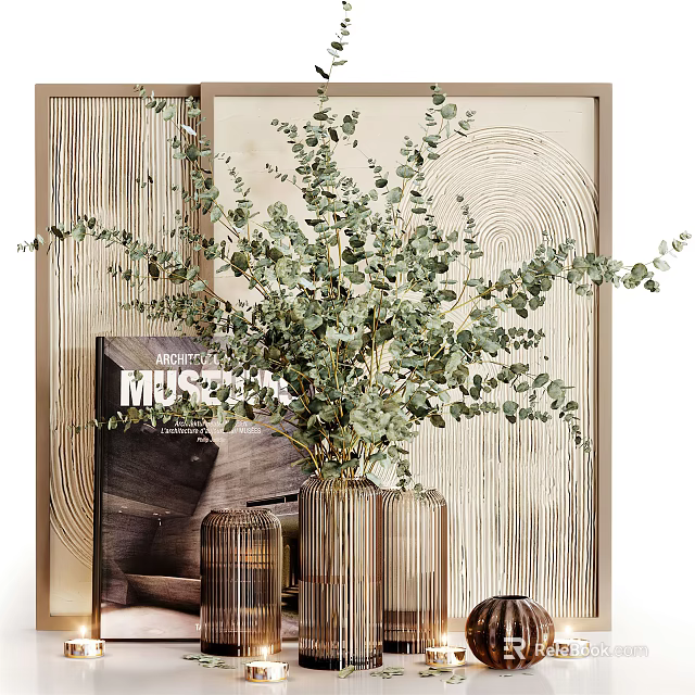 Modern Metallic Vase with Eucalyptus Leaves in Minimalist Home Decor Setting 3d model 