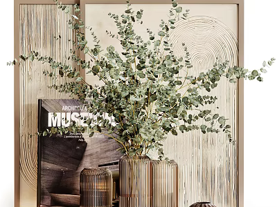 Modern Metallic Vase with Eucalyptus Leaves in Minimalist Home Decor Setting 3d model