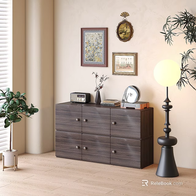 Stylish Dark Wood Entryway Cabinet Sideboard with Drawers Radio Vase Books and Wall Art 3d model 