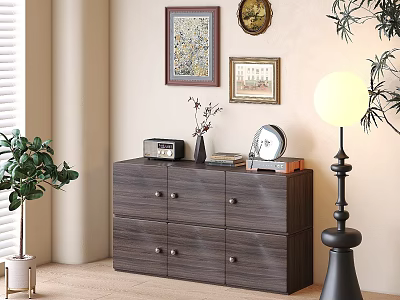 Stylish Dark Wood Entryway Cabinet Sideboard with Drawers Radio Vase Books and Wall Art 3d model