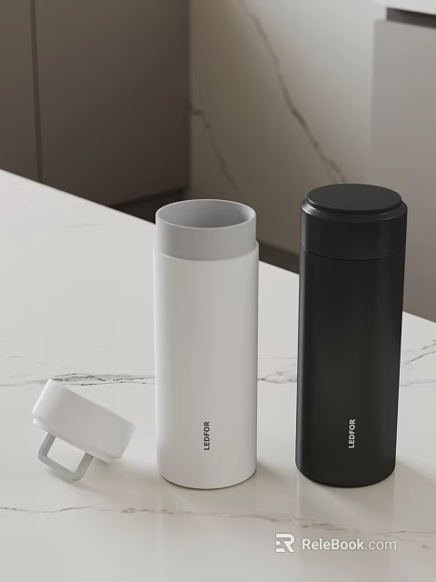 White And Black Leidfor Vacuum Flasks With Open Lid On Marble Countertop 3d model 