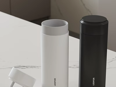 White And Black Leidfor Vacuum Flasks With Open Lid On Marble Countertop 3d model