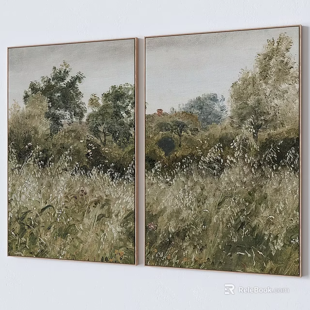 Lush Landscape Painting Featuring Green Grassland Wildflowers And Tall Trees In Natural Scenery 3d model 