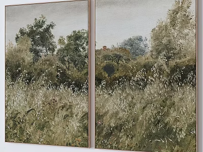 Lush Landscape Painting Featuring Green Grassland Wildflowers And Tall Trees In Natural Scenery 3d model