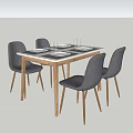 Dining Table Set with Four Gray Upholstered Chairs Wooden Frame and Tableware 3d model