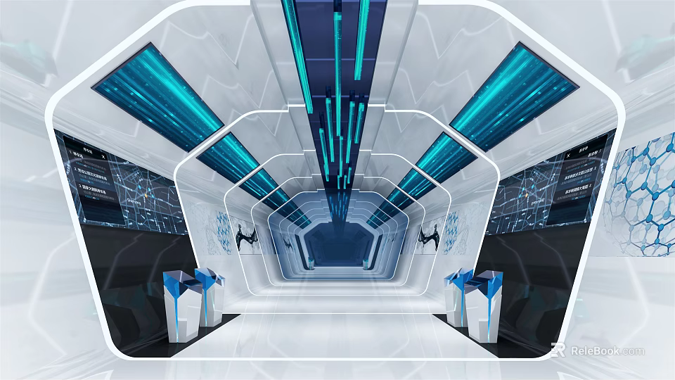 Futuristic Tech Corridor Interior With Blue Lighting Console Stations And Geometric Structures 3d model 