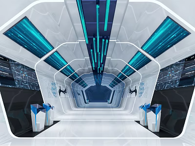 Futuristic Tech Corridor Interior With Blue Lighting Console Stations And Geometric Structures 3d model
