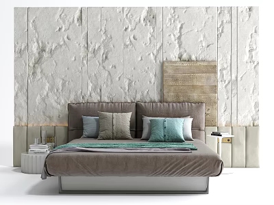 Elegant Background Double Bed Interior With White Stone Wall Gray Blue Pillows And Wooden Panel 3d model