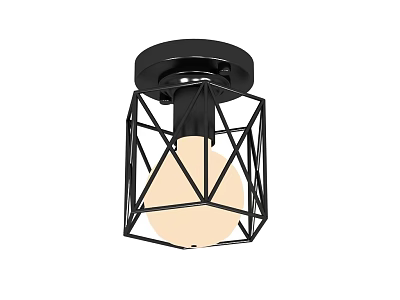 Modern Black Metal Geometric Ceiling Light with White Spherical Bulb and Cage Design 3d model