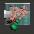 Cartoon Scene With Pink Walls Arched Doorway Potted Green Tree And Blue Tiled Floor