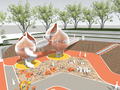 Outdoor Children's Playground With Shell Shaped Structures Sand Area And Orange White Design 3d model