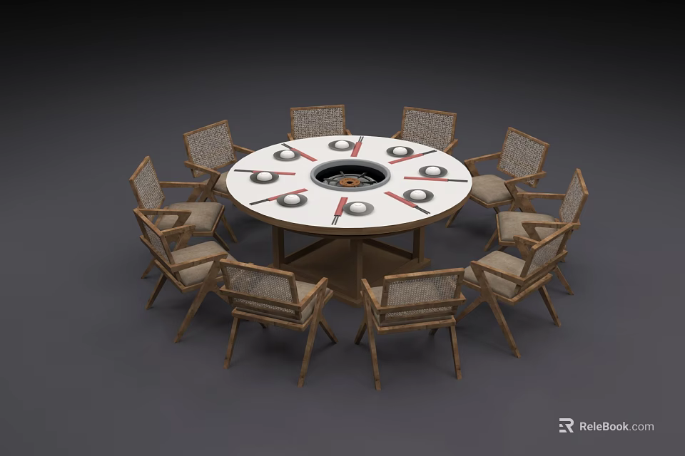 Round Dining Table Set With Eight Wicker Chairs And Central Fire Pit Design 3d model