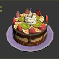 Chocolate Cake Topped With Strawberries Kiwi Orange Slices Whipped Cream Chocolate Drizzle On Purple Plate